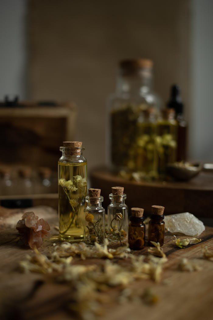 A collection of rustic glass bottles with aromatic herbs on a wooden table, perfect for aromatherapy themes.
